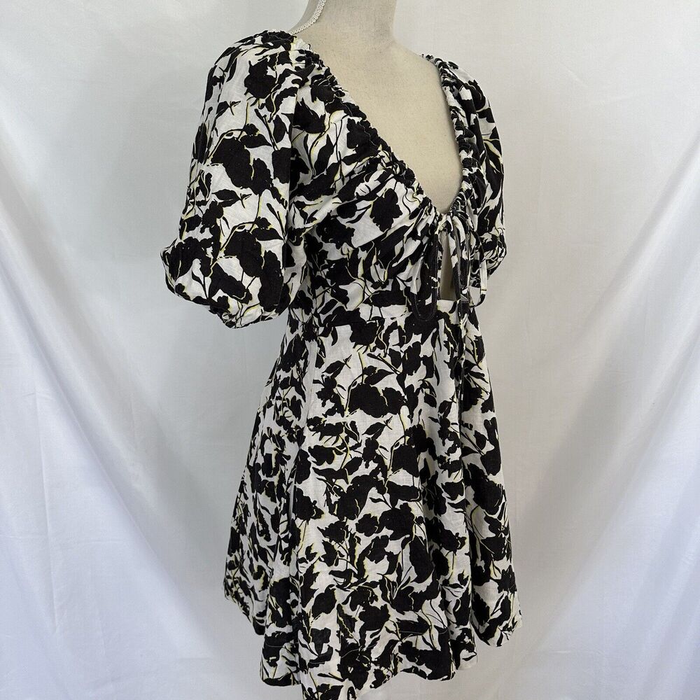 Anthropologie Aureta Floral Black White Dress Size SMALL Puff Sleeve - Picture 4 of 7